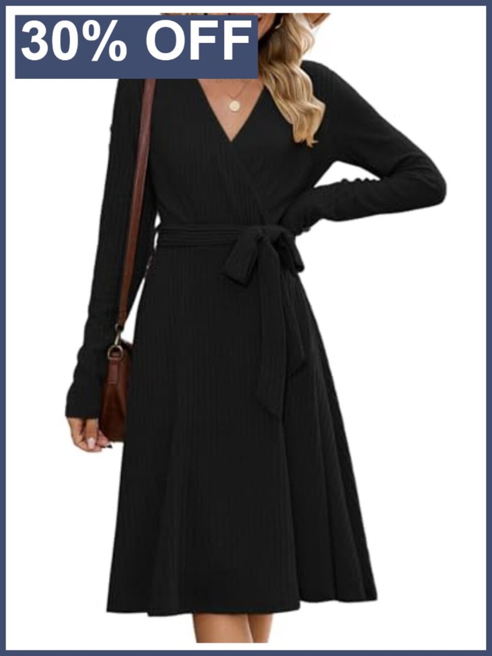Ribbed Knit Wrap V Neck Long Sleeve Pleated Midi Sweater Dress